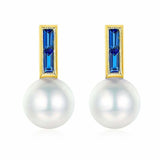 1.2ct Baguette Cut Blue Sapphire Pearl Dainty Stud Earrings 14k WhiteGold Finish