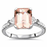 3Ct Emerald Cut Morganite Engagement Ring 14K White Gold Finish Trillion Accents