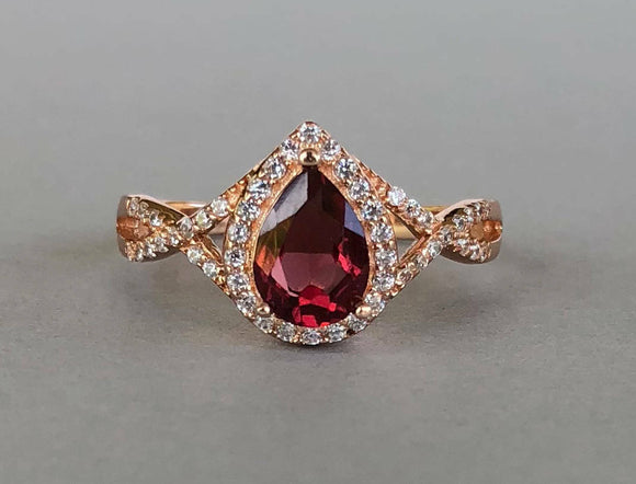 1.9ct Pear Red Garnet Halo Infinity Design Engagement Ring 14k Rose Gold Finish