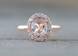 1.5ct Oval Cut Peach Morganite Engagement Ring 14k Rose Gold Finish Diamond Halo