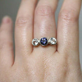 1ct Round Cut Blue Sapphire Engagement Ring Diamond Trilogy 14k White Gold Over