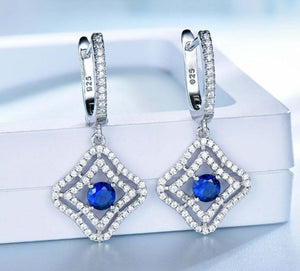 2.5ct Drop Earrings Round Cut Blue Sapphire Dual Halo 14k White Gold Finish