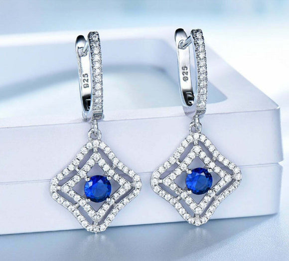 2.5ct Drop Earrings Round Cut Blue Sapphire Dual Halo 14k White Gold Finish