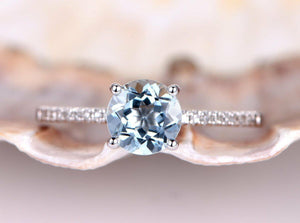 1ct Round Cut Blue Aquamarine Solitaire Engagement Ring 14k White Gold Finish