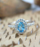 2ct Engagement Ring Oval Cut Blue Topaz Diamond Halo 14k White Gold Finish