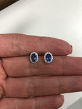 1.45ct Oval Cut Blue Sapphire Diamond Halo Stud Earrings 14k White Gold Finish