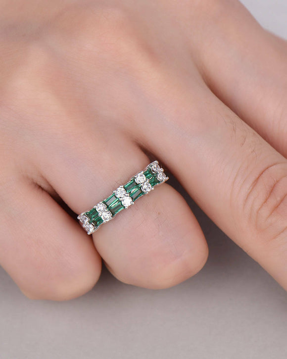 3Ct Baguette Cut Green Emerald Diamond Two Row Wedding Band 14K White Gold Over