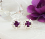 1.5ct Round Cut Purple Amethyst Halo Stud Earrings 14k White Gold Finish