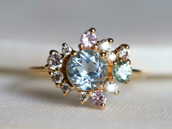 2ct Engagement Ring Round Cut Blue Aquamarine Cluster 14k Yellow Gold Finish