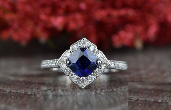 2.3ct Cushion Cut Blue Sapphire Engagement Ring 14k White Gold Finish Vintage