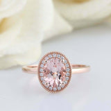 2ct Oval Cut Morganite Engagement Ring Diamond Halo Twist Rope 14k RoseGold Over