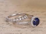 2ct Round Cut Blue Sapphire Engagement Ring Halo Bridal Set 14k WhiteGold Finish