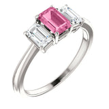 2.5ct Emerald Cut Pink Sapphire Trilogy Engagement Ring 14k White Gold Finish