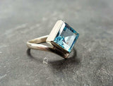 1ct Engagement Ring Asscher Blue Aquamarine Solitaire Curved 14k White Gold Over