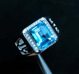 3.5ct Emerald Cut Blue Topaz Diamond Halo Engagement Men Ring 14k WhiteGold Over