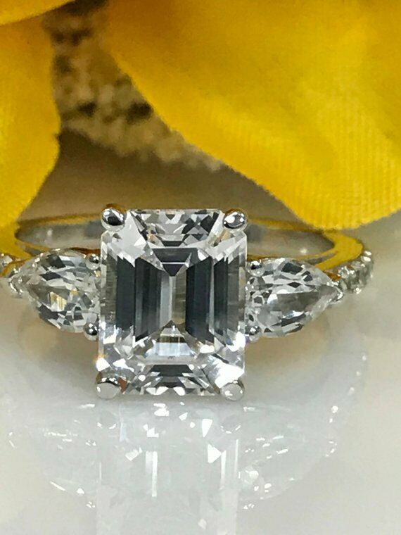 2ct Emerald Cut VVS1D Diamond Three Stone Engagement Ring 14k White Gold Finish