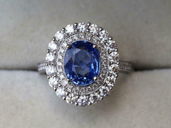 4ct Engagement Ring Oval Cut Blue Sapphire Diamond Dual Halo 14k White Gold Over