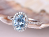 2.4ct Oval Cut Blue Aquamarine Halo Ring 14k White Gold Finish with Round Accent