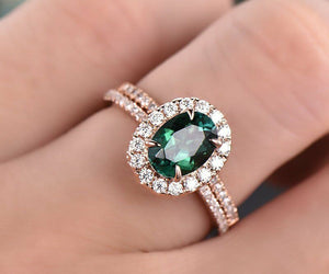 1.5Ct Oval Cut Green Emerald Bridal Set Band Filigree Ring 14K Rose Gold Finish