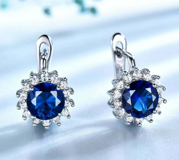 2.3ct Drop Earrings Round Cut Blue Sapphire Halo Floral 14k White Gold Finish