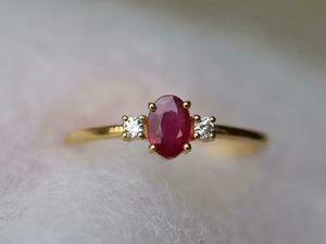 1ct Engagement Ring Oval Cut Pink Ruby Minimalist Trilogy 14k Yellow Gold Finish