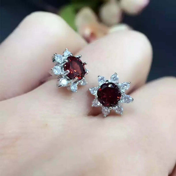 2ct Stud Earrings Oval Cut Red Garnet Diamond Floral 14k White Gold Finish