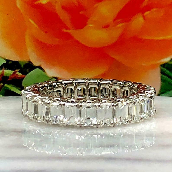 3.64ct Emerald Cut Diamond Wedding Band Iced Full Eternity 14k White Gold Finish