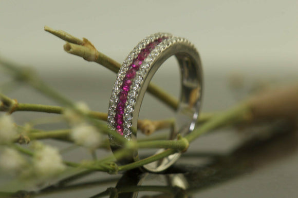 4Ct Round Cut Pink Ruby Diamond Full Eternity Wedding Band 14K White Gold Finish