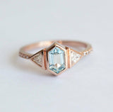 1ct Hexagon Cut Blue Aquamarine Three Stone Engagement Ring 14k Rose Gold Finish