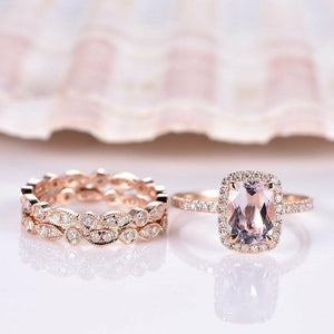 3ct Cushion Cut Peach Morganite Halo Trio Set Engagement Ring 14k Rose Gold Over