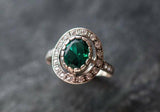 2.7ct Oval Cut Green Emerald Vintage Inspired Halo Ring 14k White Gold Finish