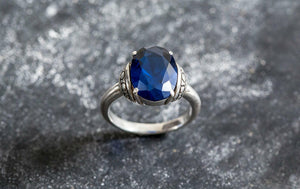 1ct Engagement Ring Oval Cut Blue Sapphire Vintage Solitaire 14k White Gold Over