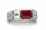 2ct Emerald Red Garnet Solitaire Accents Men Engagement Ring 14k White Gold Over