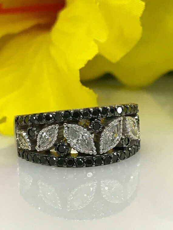 3ct Marquise Cut Black Diamond Half Eternity Wedding Ring 14k White Gold Finish