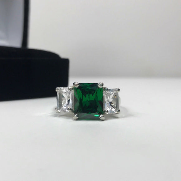 2.5ct Green Emerald Diamond Trilogy Propose Engagement Ring 14k White Gold Over