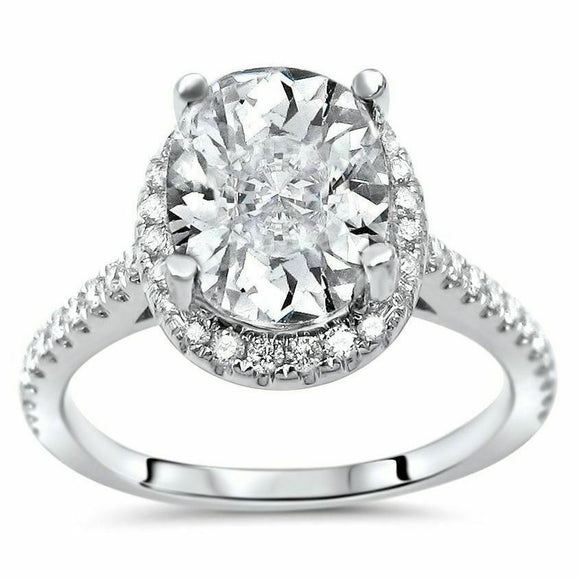 3.5Ct Oval Cut Diamond Halo Engagement Ring 14K White Gold Finish Round Accents