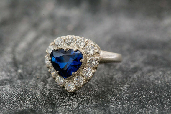 2.2ct Engagement Ring Heart Cut Blue Sapphire Diamond Halo 14k White Gold Finish