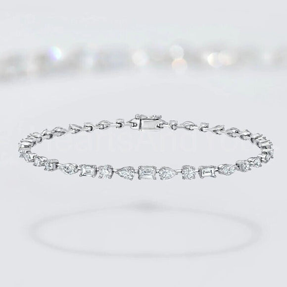 5ct Multi Shape Simulated Box Clasp Wedding Tennis Bracelet 14k WhiteGold Plated