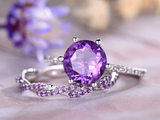 2ct Round Purple Amethyst Engagement Ring Twist Bridal Set 14k White Gold Finish