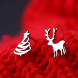 Lovely Small Deer Christmas Tree Stud Earrings Women Girls 14k White Gold Finish