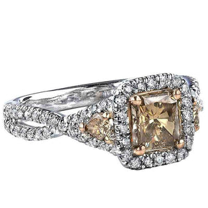 2.5ct Princess Cut Champagne Diamond Halo Split Shank Ring 14k Dual Gold Finish