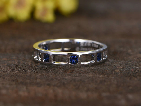 1.2ct Princess Blue Sapphire Wedding Band Open Gaps Eternity 14k White Gold Over