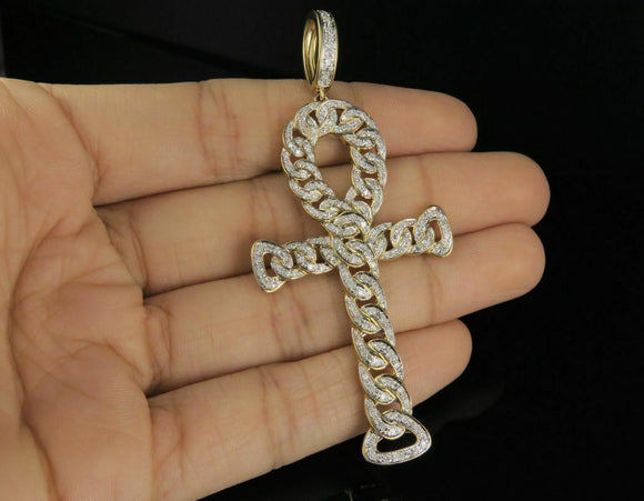 0.85ct Round Cut Diamond Cuban Ankh Cross Pendant 14k YellowGold Finish NO CHAIN