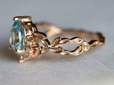 2ct Engagement Ring Pear Cut Blue Aquamarine Leaves Accent 14k YellowGold Finish