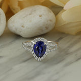 3Ct Pear Cut Blue Sapphire Split Shank Halo Engagement Ring 14K White Gold Over