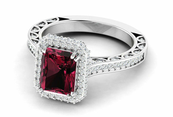 2.5ct Emerald Cut Red Garnet Halo Solitaire with Accent Ring 14k White Gold Over