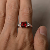 2ct Asscher Cut Red Garnet Trilogy Wedding Engagement Ring 14k White Gold Finish