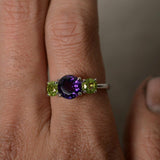 2ct Round Cut Purple Amethyst Trilogy Ring 14k White Gold Over Peridot Accents