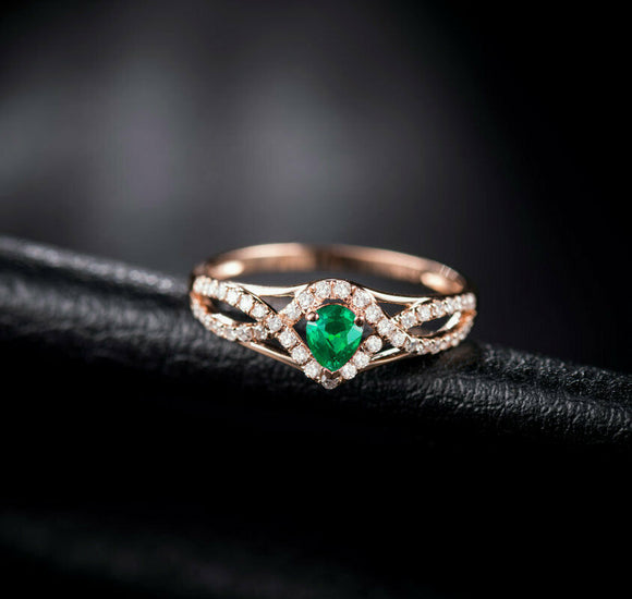 3Ct Pear Cut Green Emerald Diamond Split Band Engagement Ring 14K Rose Gold Over