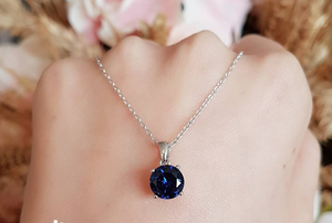 2ct Round Cut Blue Sapphire Pendant with Chain Solitaire 14k White Gold Finish